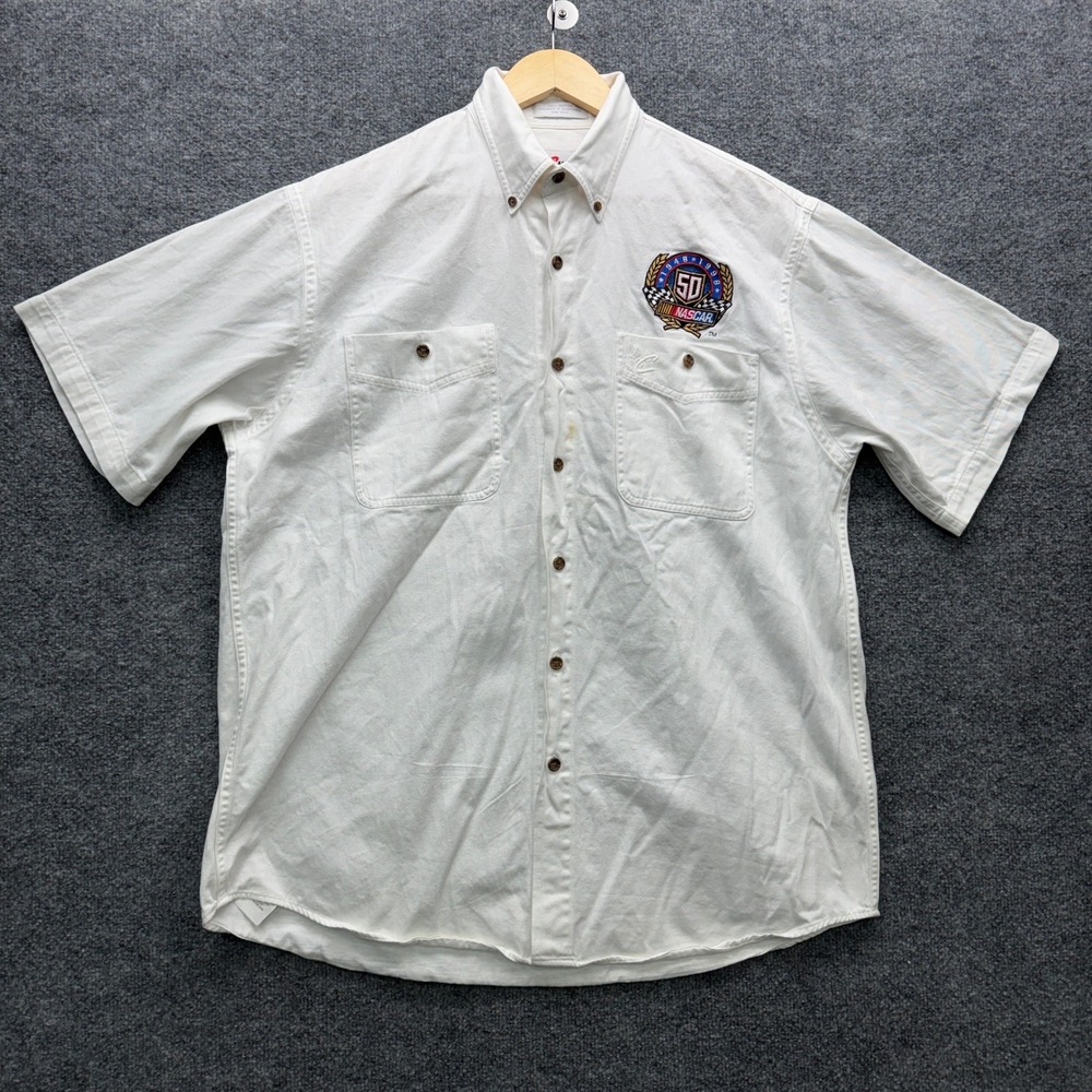 Chase Authentics NASCAR 50th Anniversary Shirt Men Large White SS Casual Patch